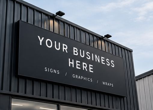 Black sign with white text reading "YOUR BUSINESS HERE" and smaller text below listing services: signs, graphics, wraps, mounted on the exterior of a building with a cloudy sky in the background.