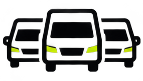 Silhouette of three cars with illuminated headlights