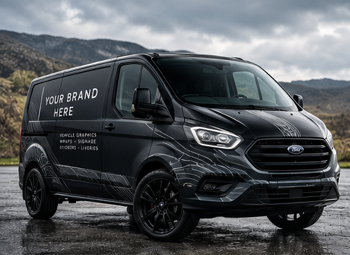 Black cargo van parked outdoors with custom branding space, set against cloudy sky and mountainous background.