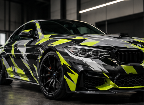 Black and neon yellow camo-patterned BMW M3 sports car parked in an industrial garage.