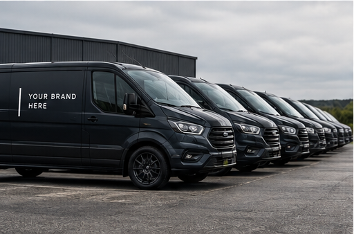 A row of black commercial vans parked outdoors on a cloudy day, with space on the side of each vehicle for branding.