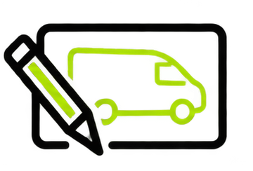 A digital illustration of a delivery van on a tablet screen with a pencil icon.