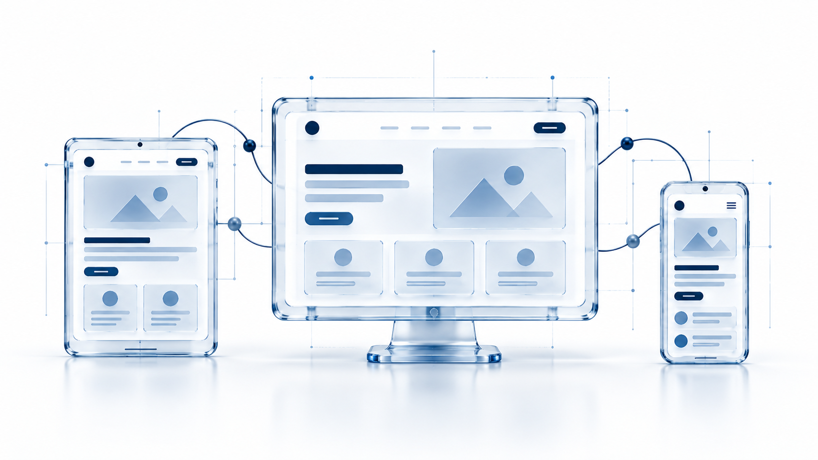 Digital rendering of a website layout displayed on transparent, holographic-style computer and mobile screens, connected with lines and nodes.
