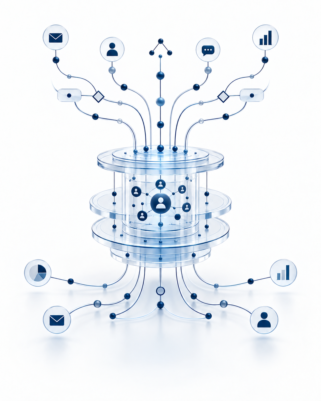 A digital illustration of a network with interconnected icons representing email, user profiles, data, chat, and analytics, connected through a complex system of lines and nodes in a transparent, layered structure.