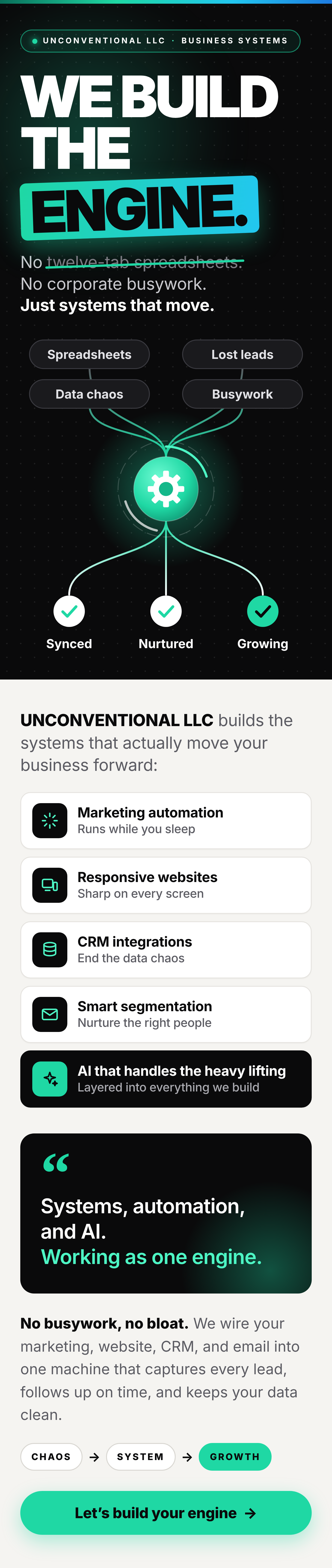 We build the engine: Unconventional LLC builds marketing automation, responsive websites, CRM integrations, smart segmentation and AI that handles the heavy lifting.