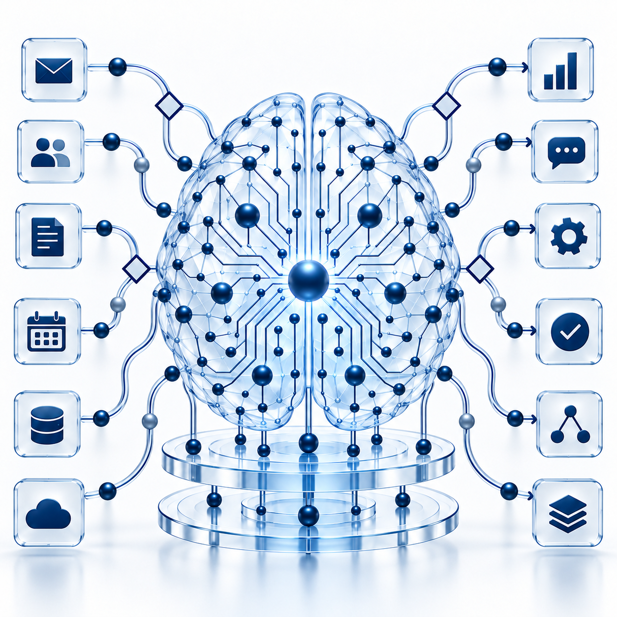 A digital illustration of a human brain with interconnected nodes and circuits, surrounded by icons representing email, contacts, documents, calendar, database, cloud storage, and various application functions.
