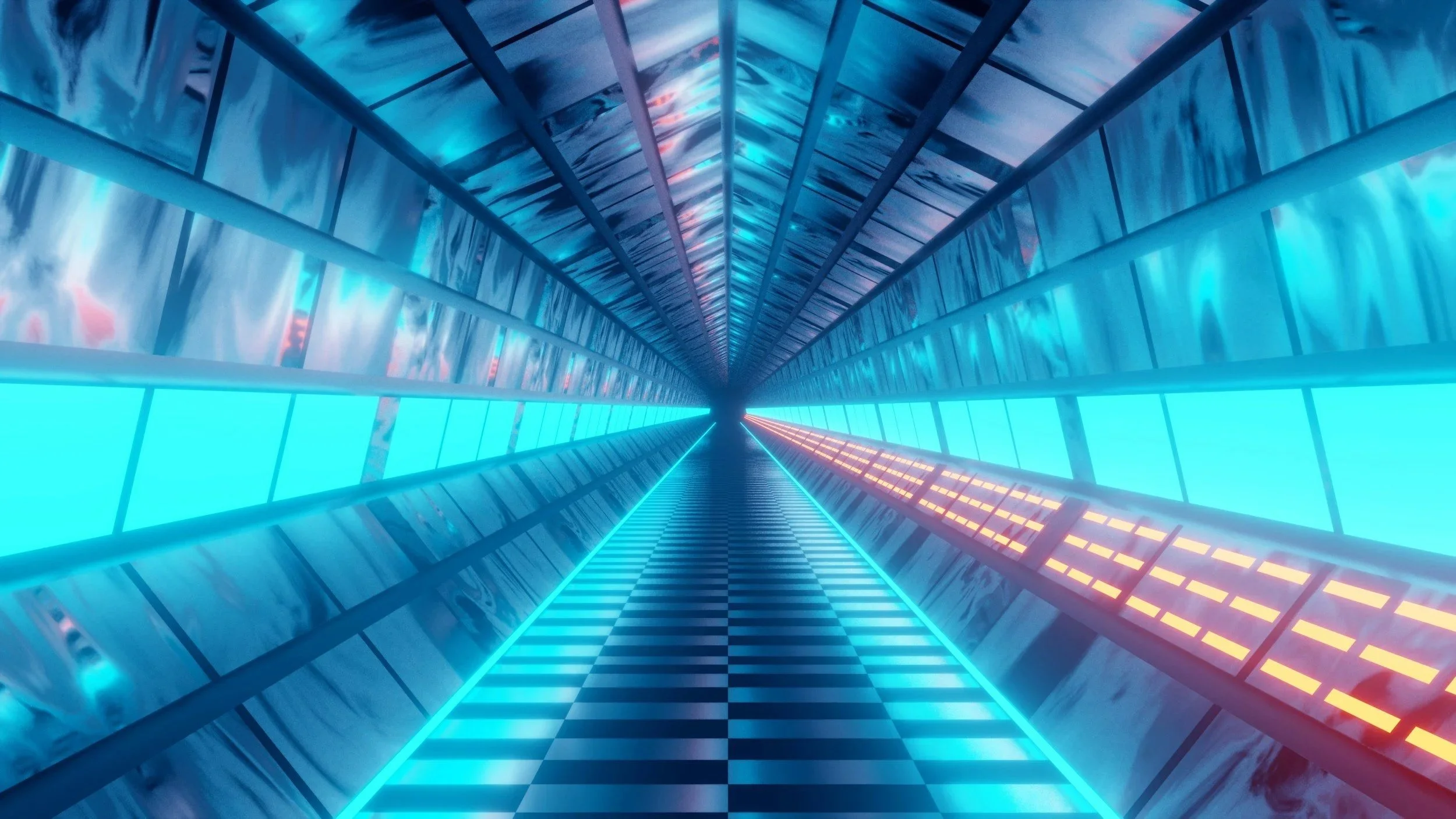 Neon tunnel narrowing into the distance, representing a full marketing funnel