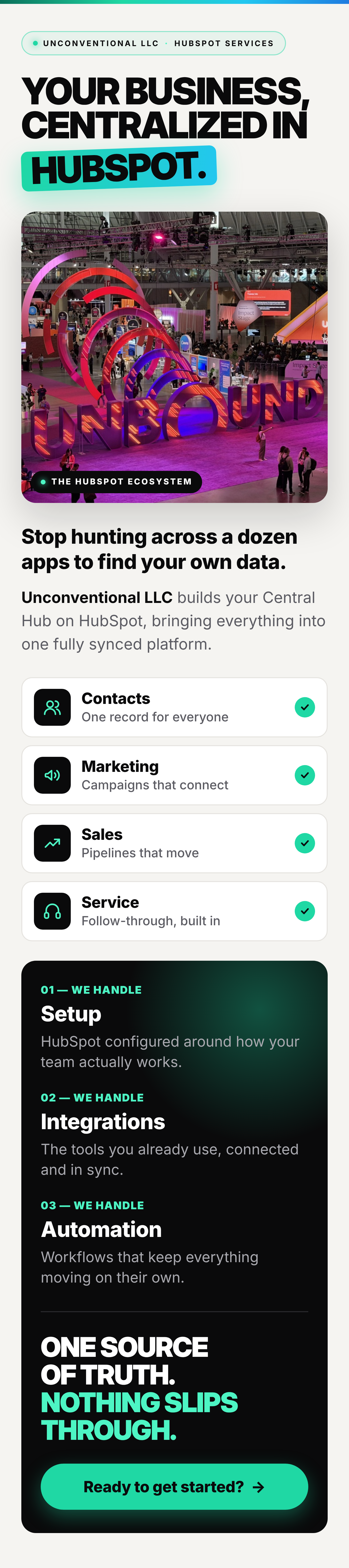 Your business, centralized in HubSpot: Unconventional LLC sets up, integrates and automates HubSpot so contacts, marketing, sales and service live in one platform.