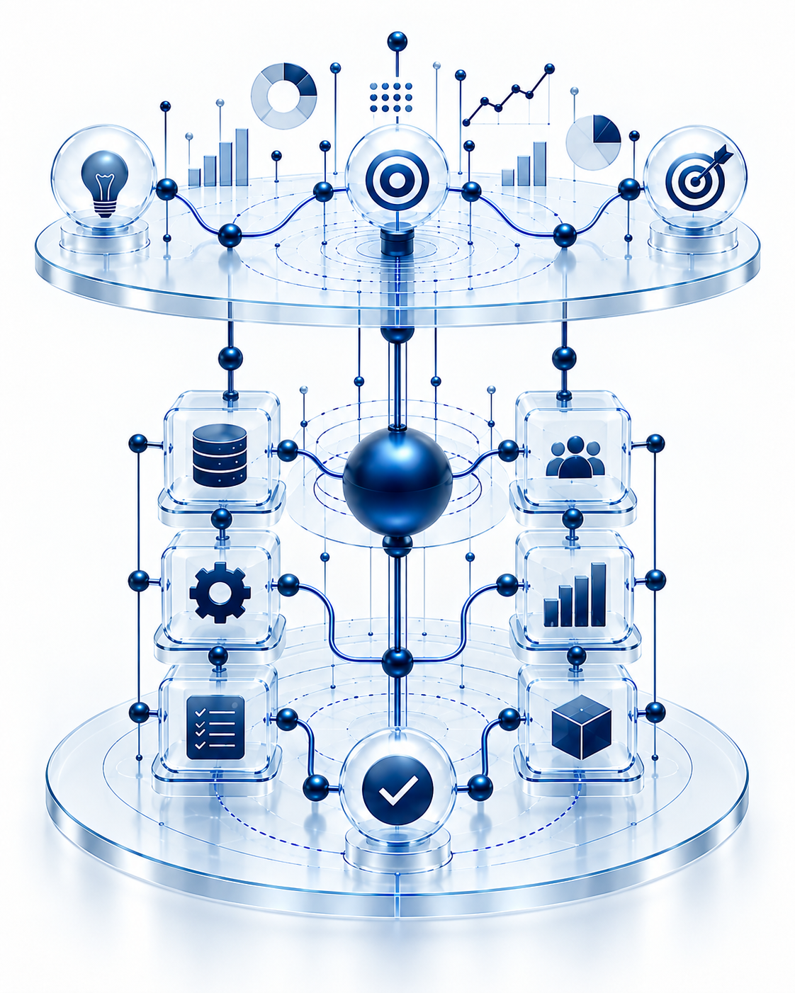 Futuristic digital infographic with icons representing ideas, goals, data, teamwork, and progress connected by lines and nodes in a blue color scheme.