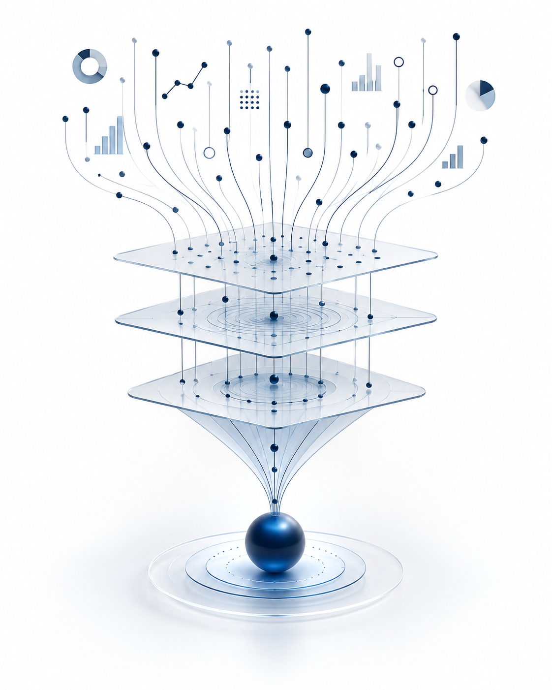 A conceptual digital art depicting multiple layers of transparent square platforms with interconnected lines, spheres, graphs, and charts emerging from a metallic sphere at the bottom, illustrating data flow and connectivity.