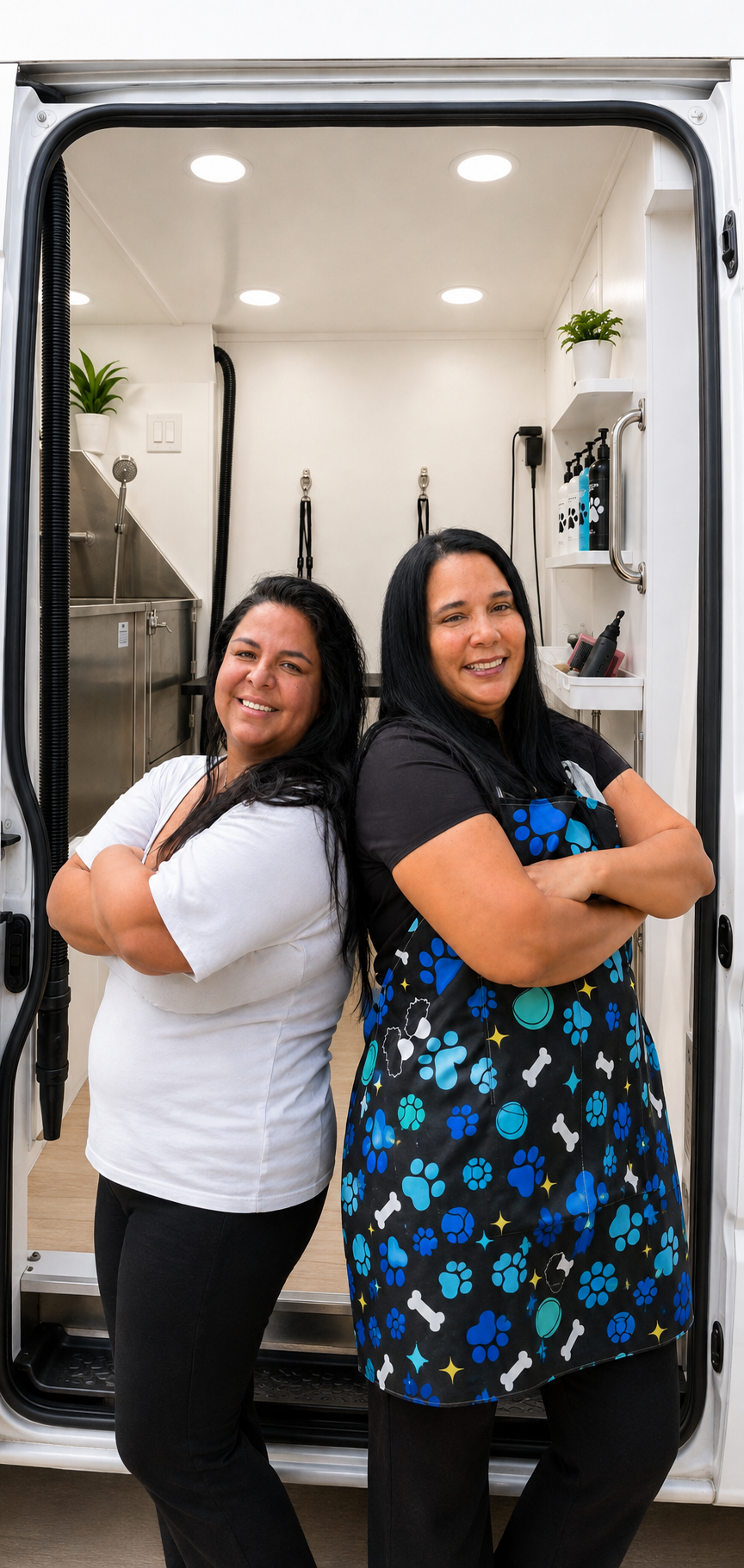 Two women smiling and standing inside a mobile pet grooming van, with arms crossed, one wearing a white shirt and the other a black apron with blue paw print patterns.