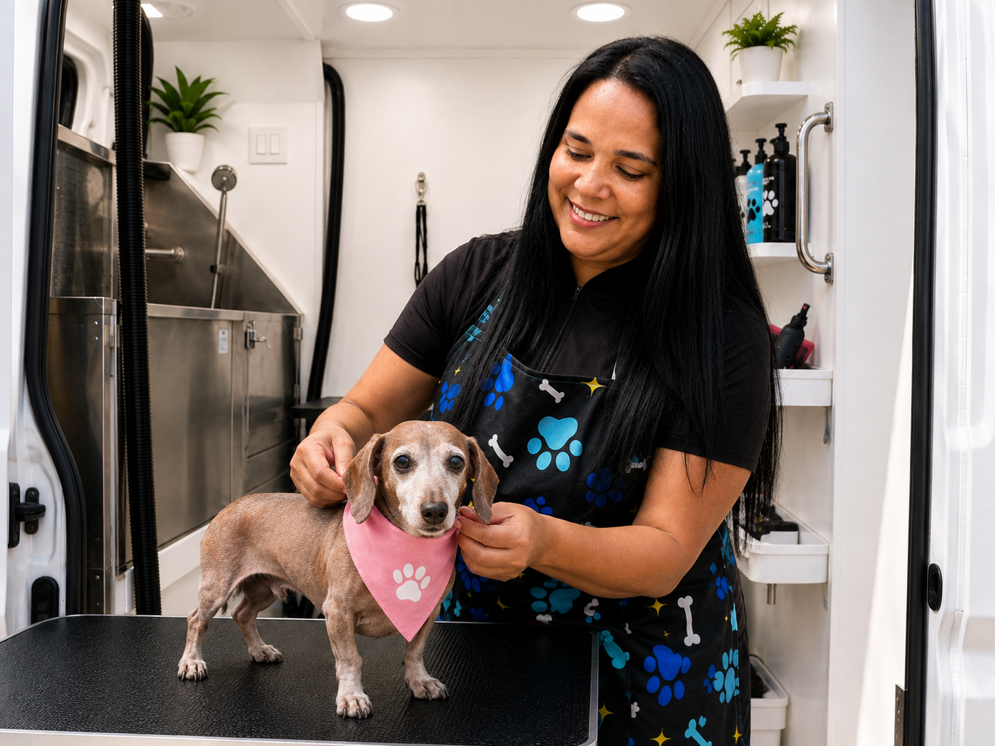 A woman with long black hair in a black apron with paw print design is grooming a small dog with a pink bandana on a black grooming table in a pet grooming van.