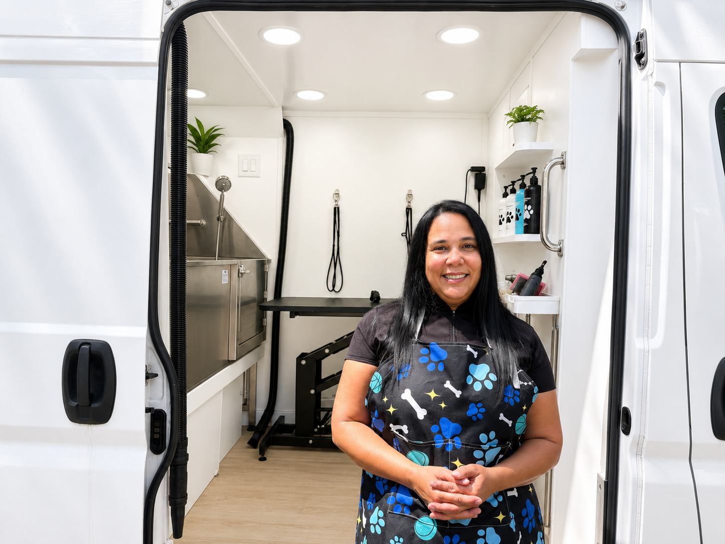 A woman standing inside a mobile pet grooming van, smiling, wearing a black apron with paw print patterns, with grooming supplies and equipment behind her.