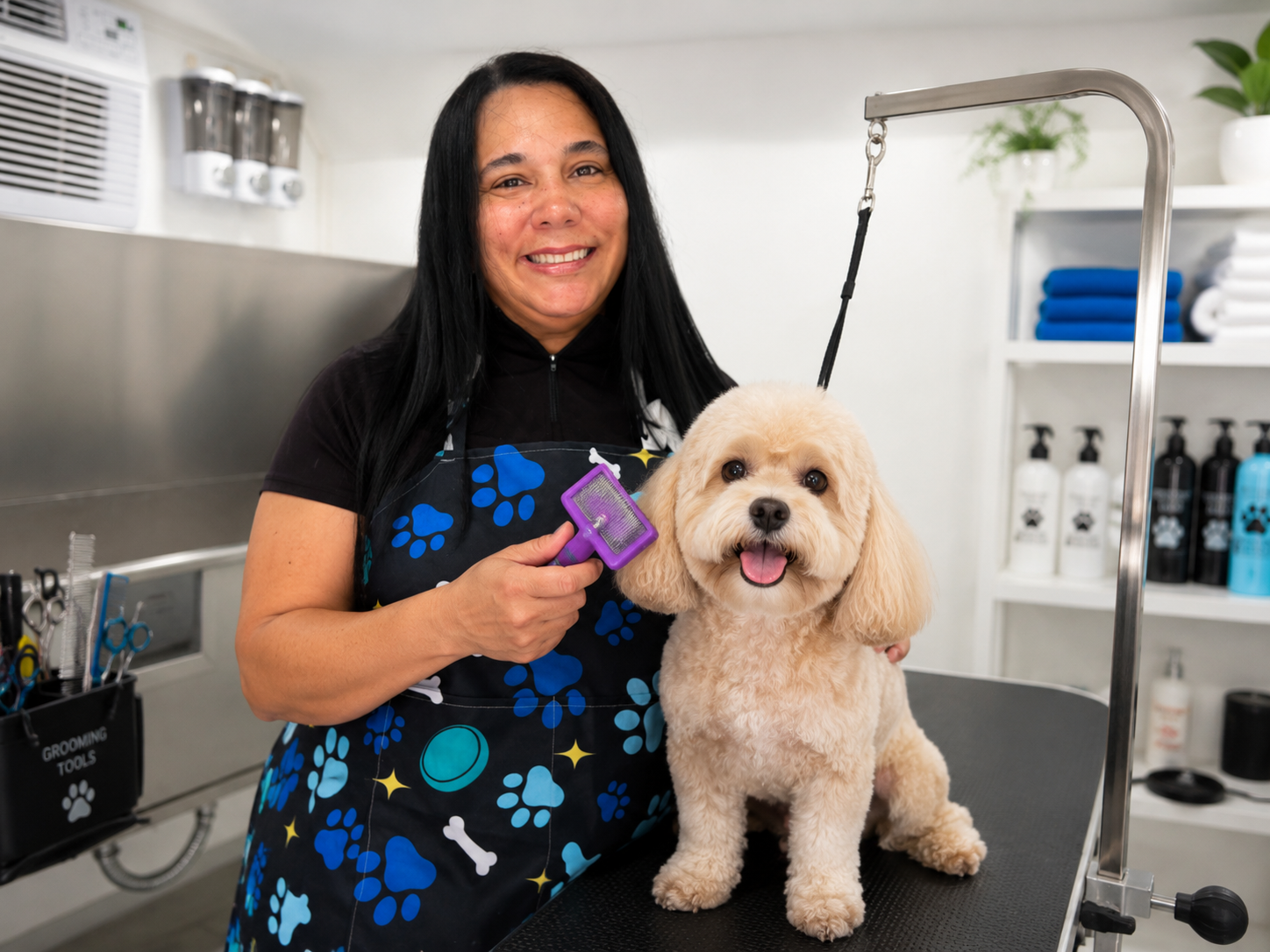 A woman grooming a cream-colored poodle on a grooming table in a pet grooming salon.