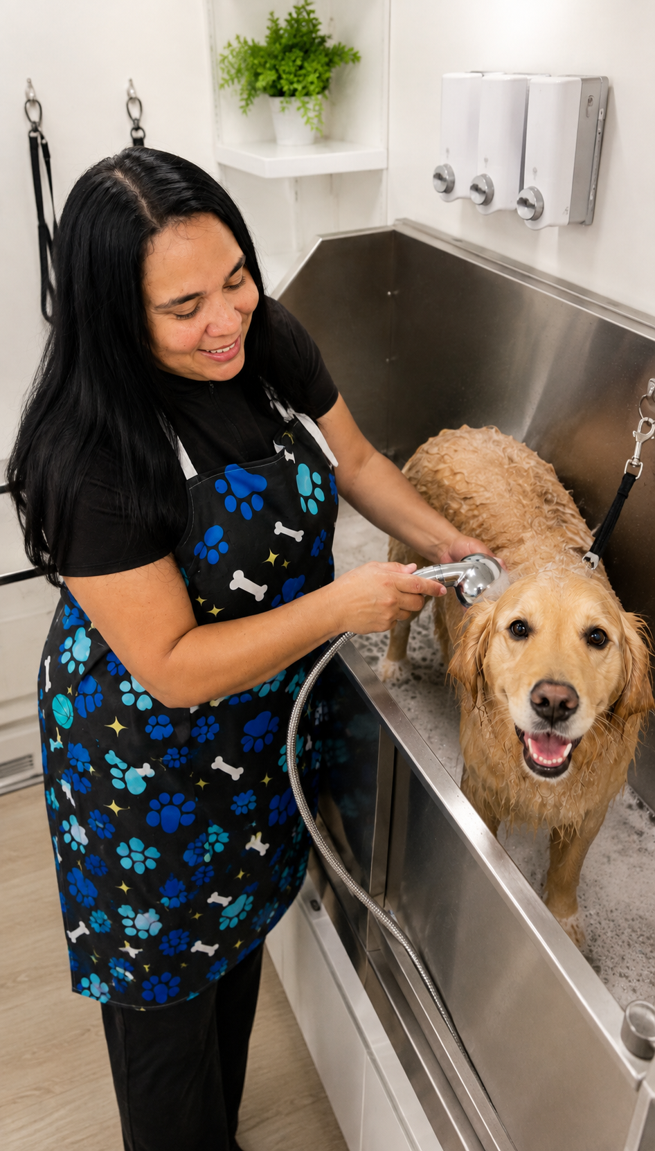 A woman is giving a bath to a golden retriever in a stainless steel grooming tub, using a handheld spray. The dog looks happy and relaxed, with soap lather on its fur. The background includes a small white shelf with a green potted plant.