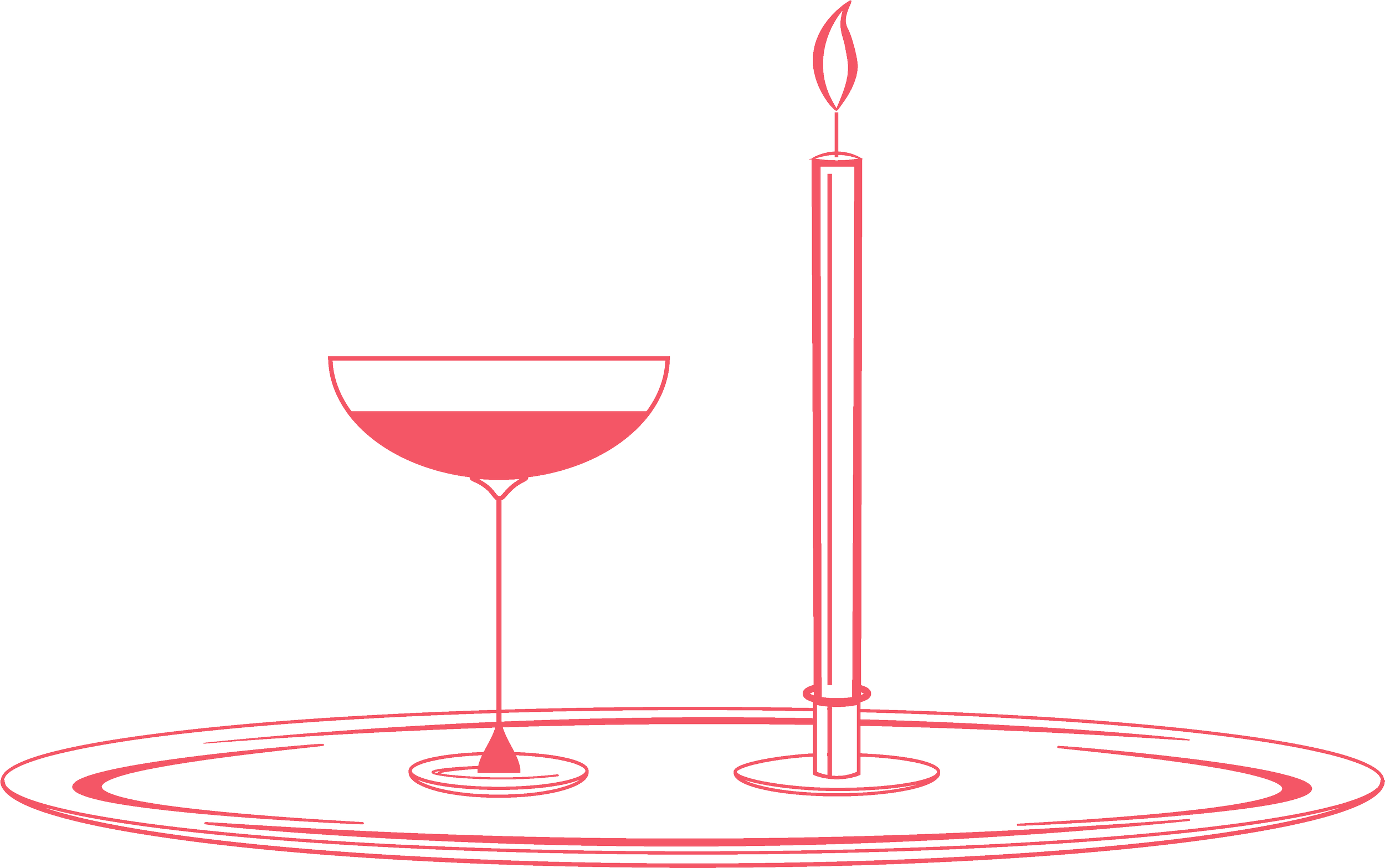 Outline diagram of a wine glass and a candle on a table, shown with minimal red lines.