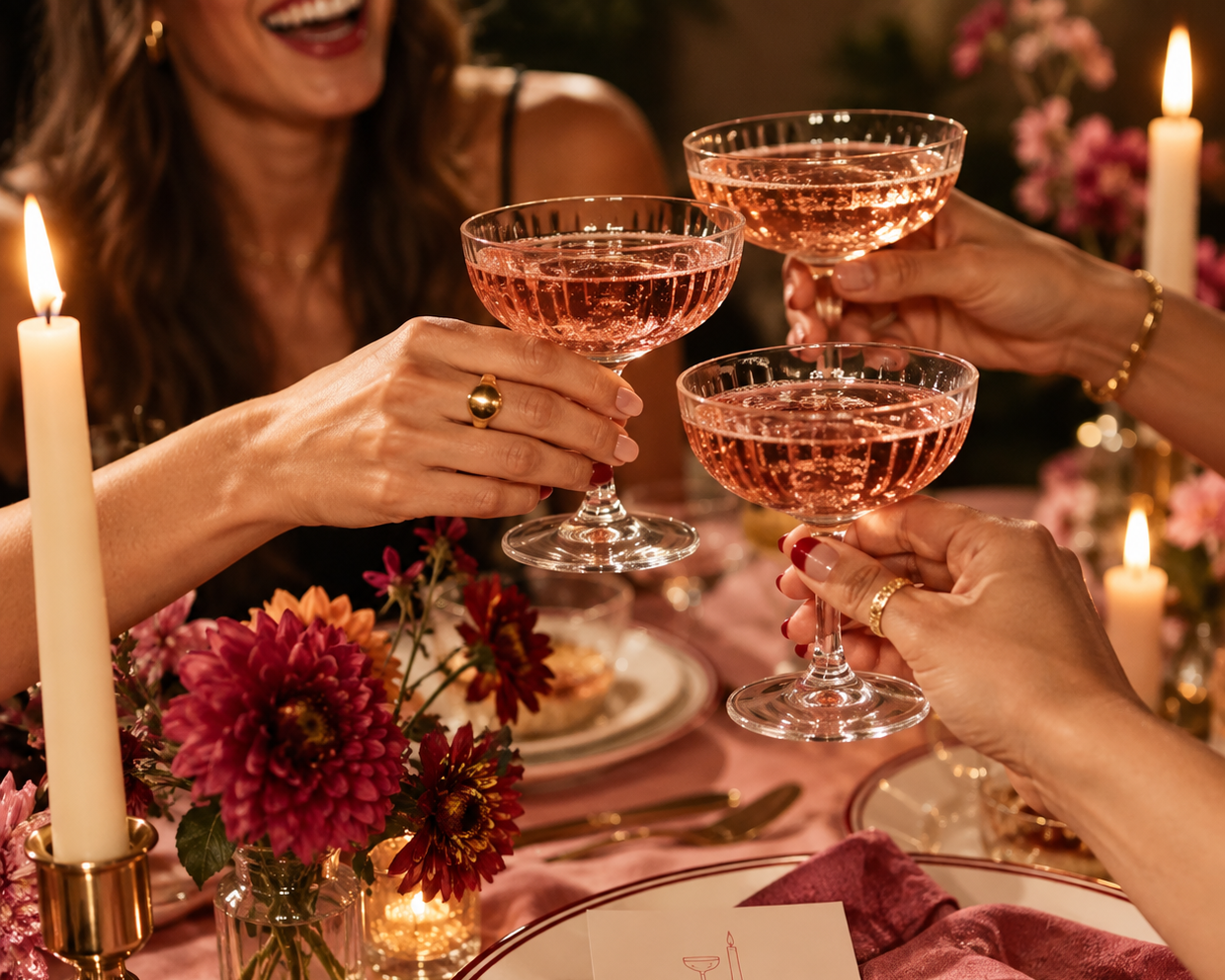 People clinking glasses of pink champagne in a celebration, with a table decorated with flowers, candles, and a festive setting.