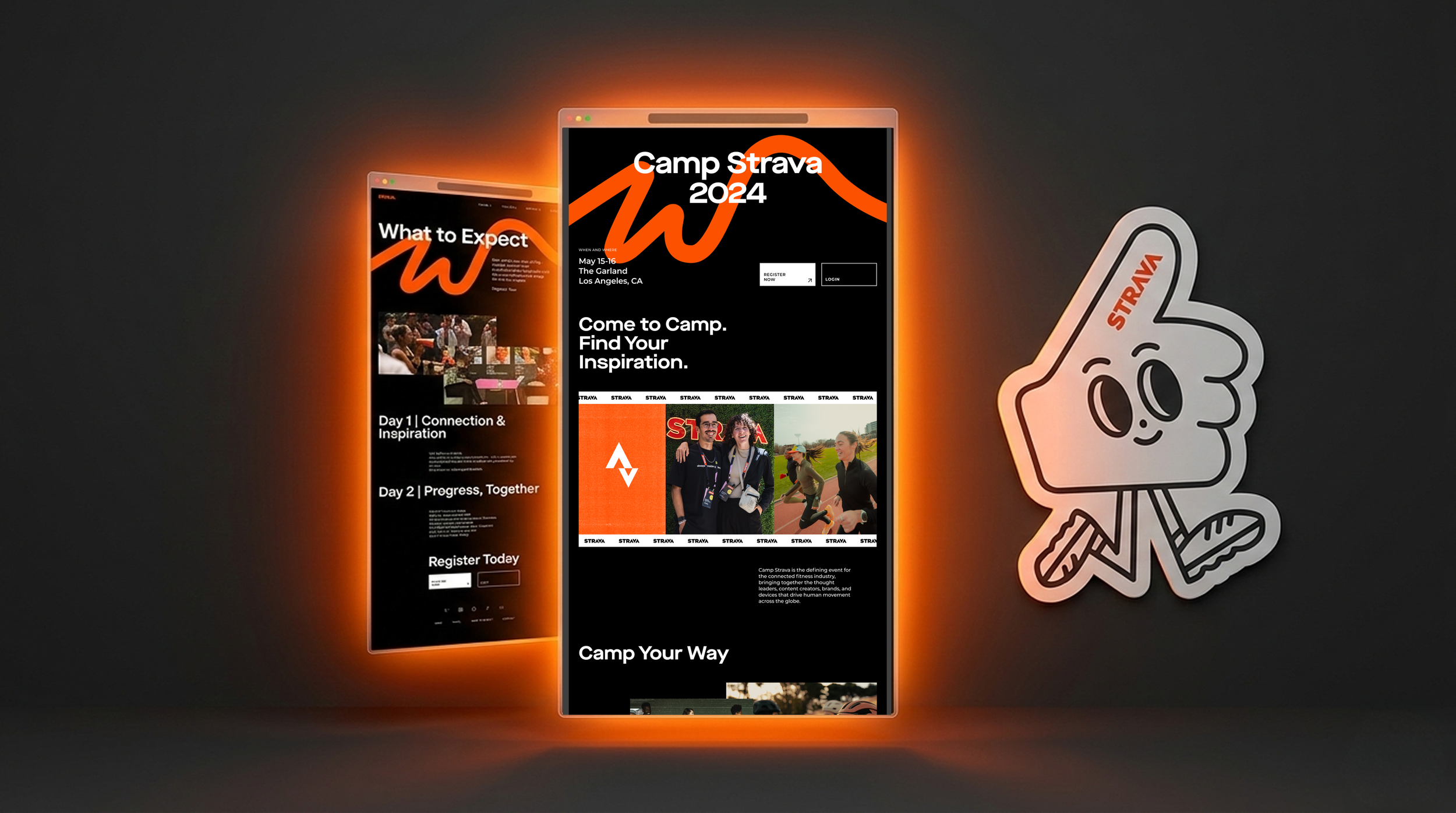 A dark background featuring two smartphones with bright, glowing screens displaying event information for Camp Strava 2024, with an orange banner overlay and a stylized Kudos thumbs up figure on the right.
