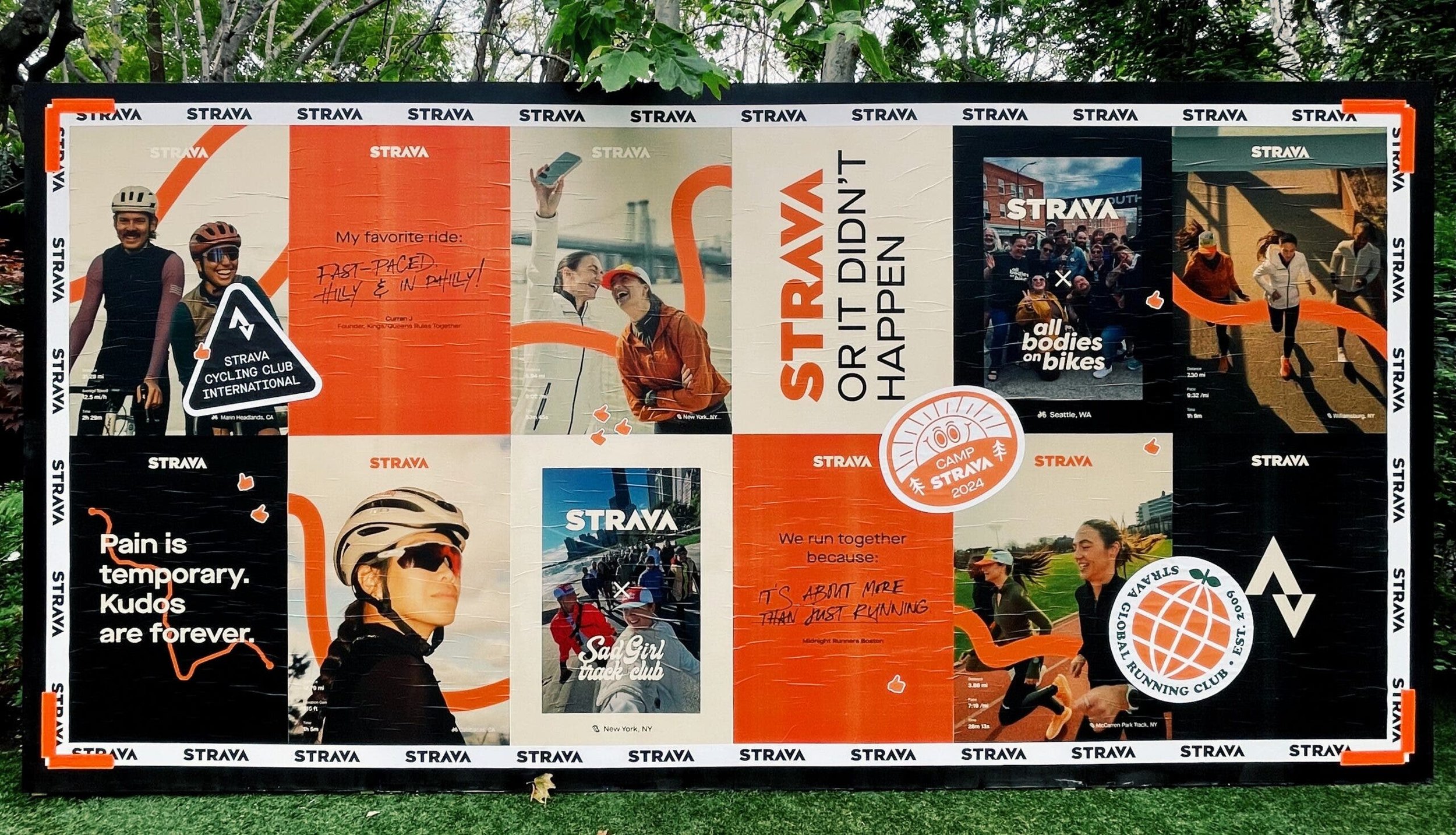 A large outdoor collage poster featuring various images of people biking, running, and participating in outdoor activities. The poster includes text and logos related to Strava, a fitness tracking app, and mentions of cycling clubs, running events, and outdoor community activities, with a focus on celebrating outdoor sports and fitness.