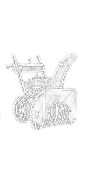 Line drawing of a snow blower with large wheels, an engine, and a chute for snow discharge.