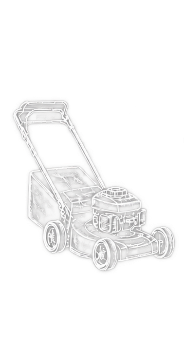 Line drawing of a lawn mower with a handle, wheels, and engine.