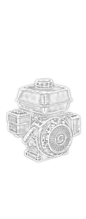 Line drawing of a small engine or generator, showing the top, side, and front views with detailed components.