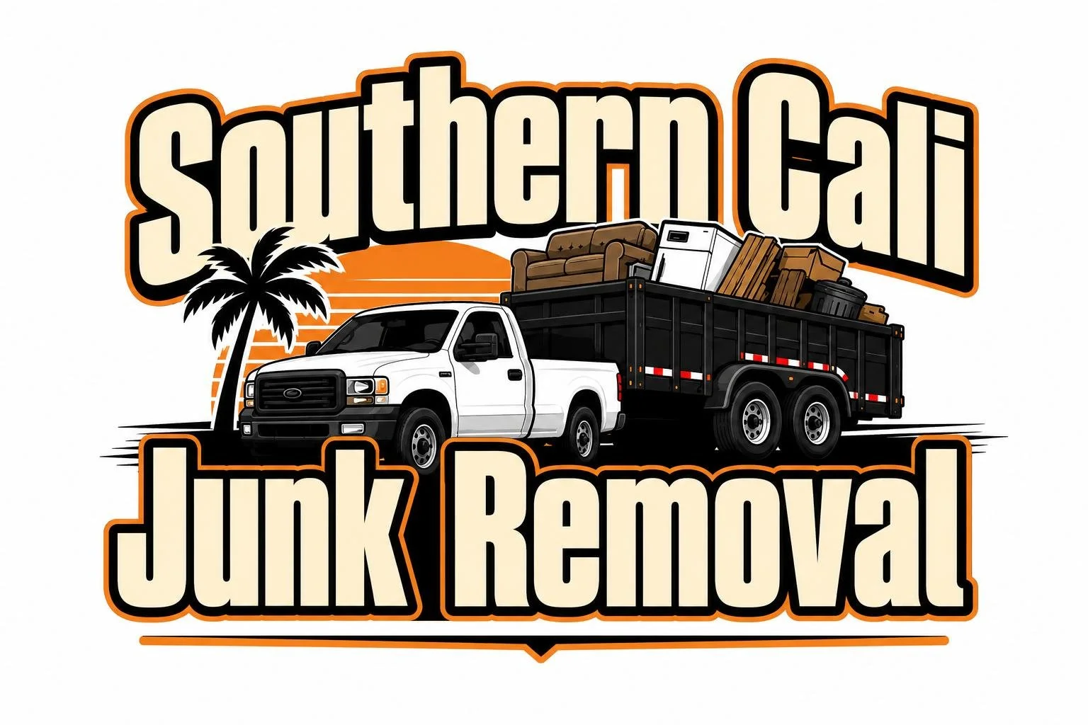 Logo for Southern Cali Junk Removal featuring a white pickup truck carrying furniture and boxes, a palm tree, and sunset in the background with bold text.