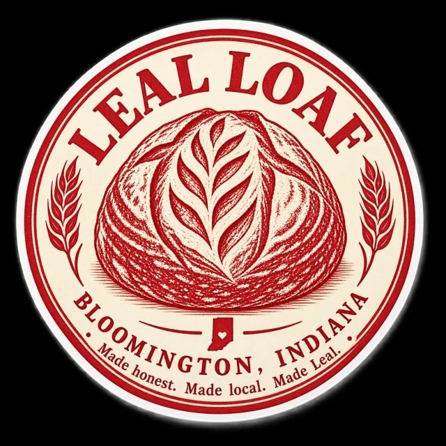 Circular logo for Leaf Loaf, a bakery in Bloomington, Indiana, featuring a stylized loaf of bread with leaf-like patterns, and the text 'Made honest. Made local. Made Leal'.