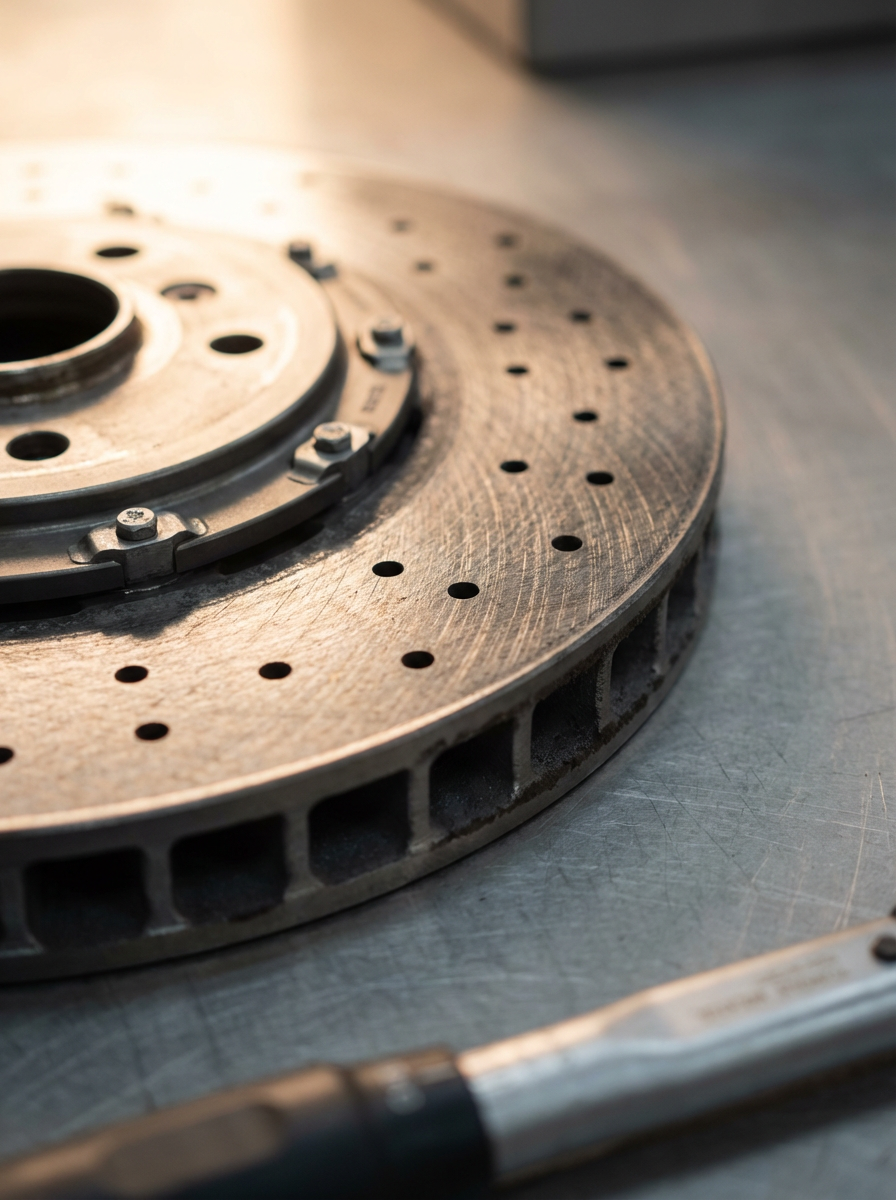 A close-up of a metallic brake disc with drilled holes, placed on a work surface, with a wrench nearby.