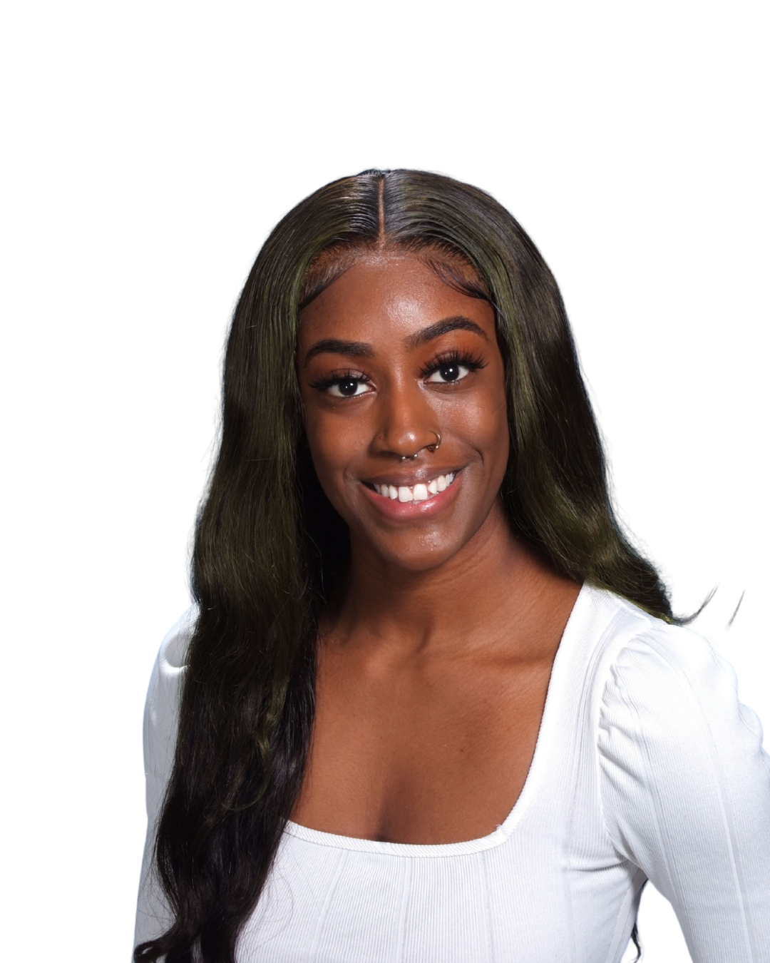Headshot of a woman smiling, with long dark hair, wearing a white top, against a plain white background.