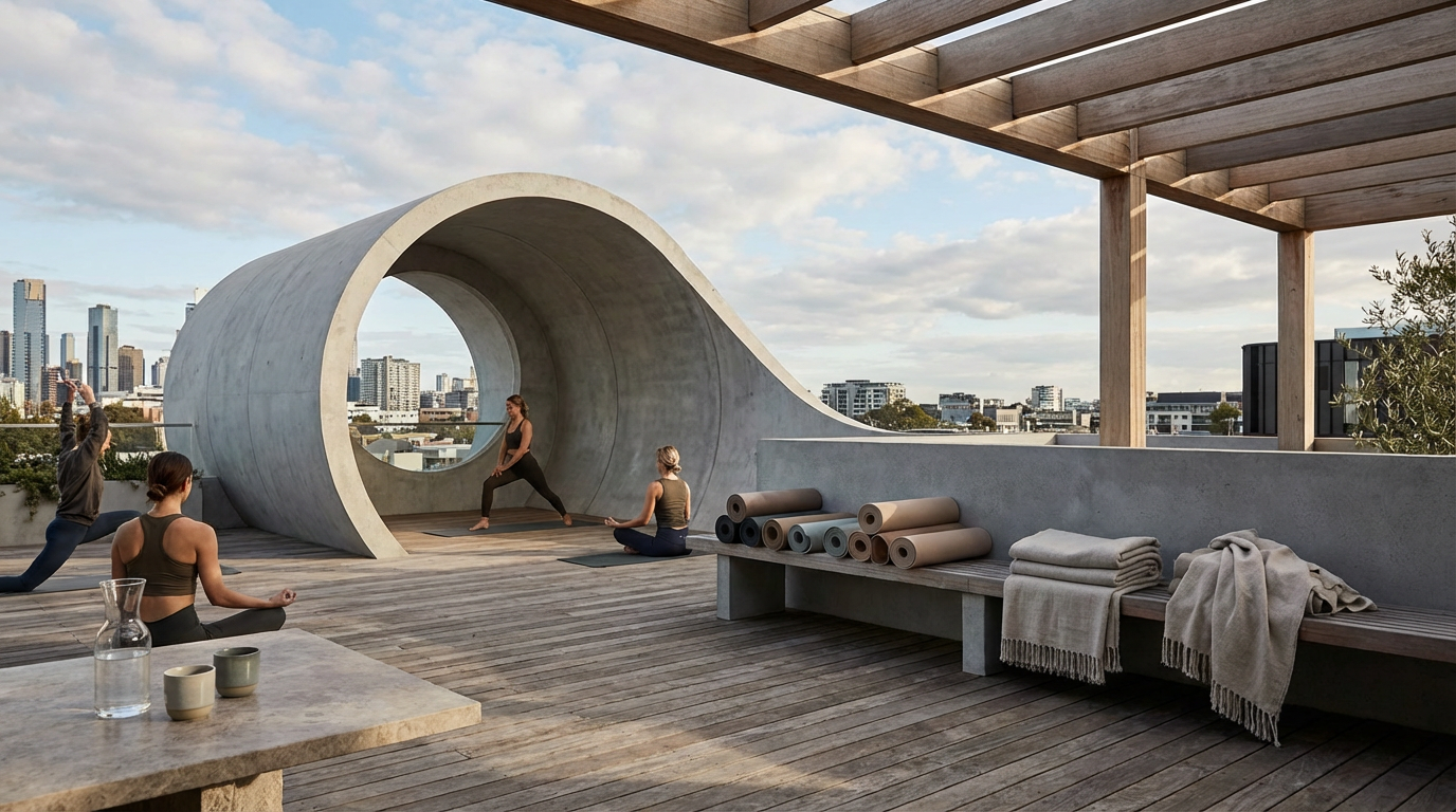 People practicing yoga on a rooftop with a city skyline in the background, featuring a large, abstract concrete sculpture and athletic mats and towels.