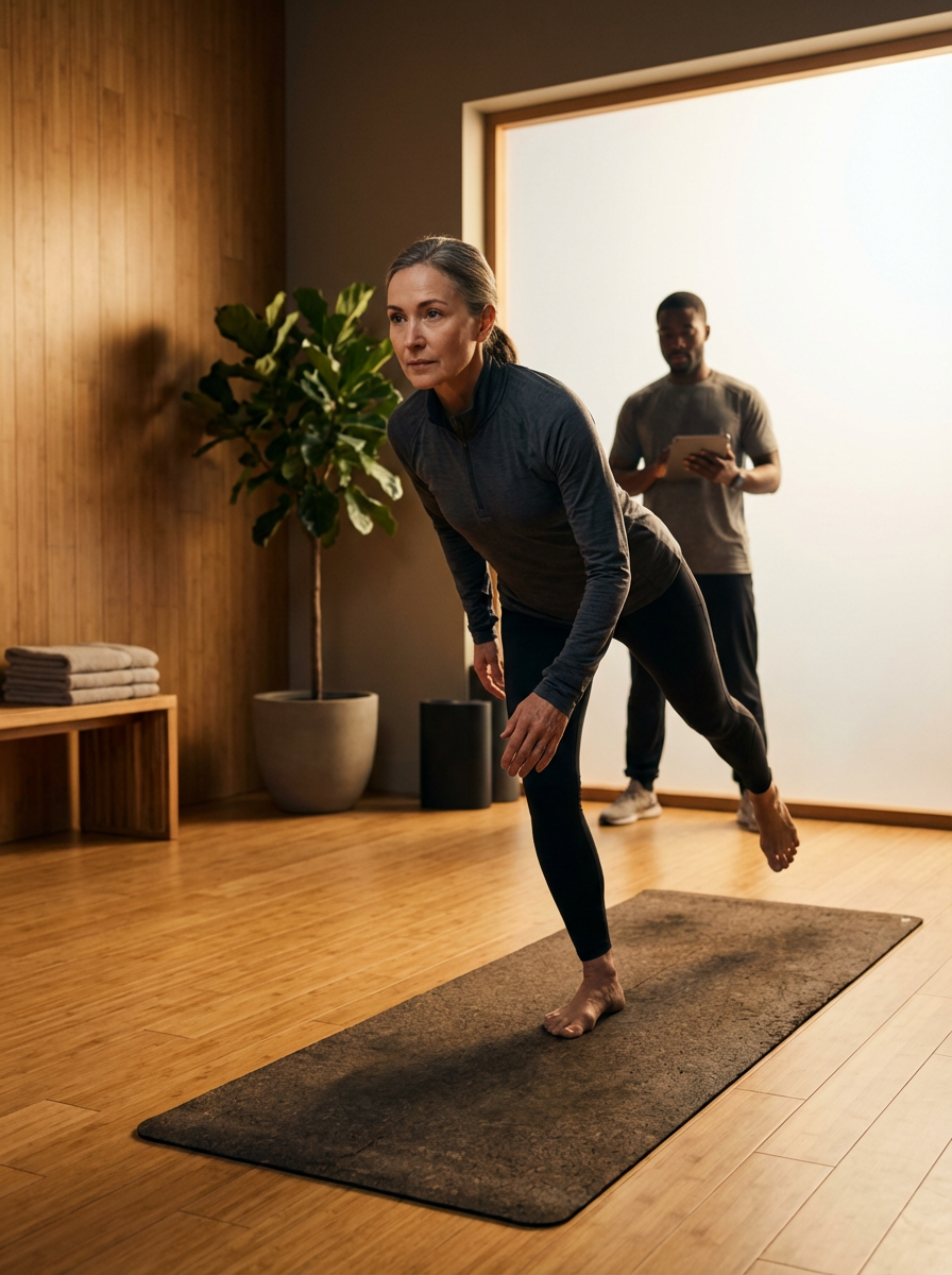 Woman doing yoga in a studio, man standing behind her with a tablet.