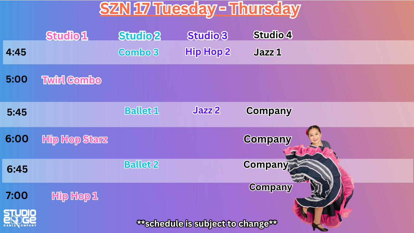 Dance studio schedule for Tuesday to Thursday with class times and genres, featuring a dancer in a colorful costume on the right side, and the Studio Edge Dance Company logo at the bottom left.