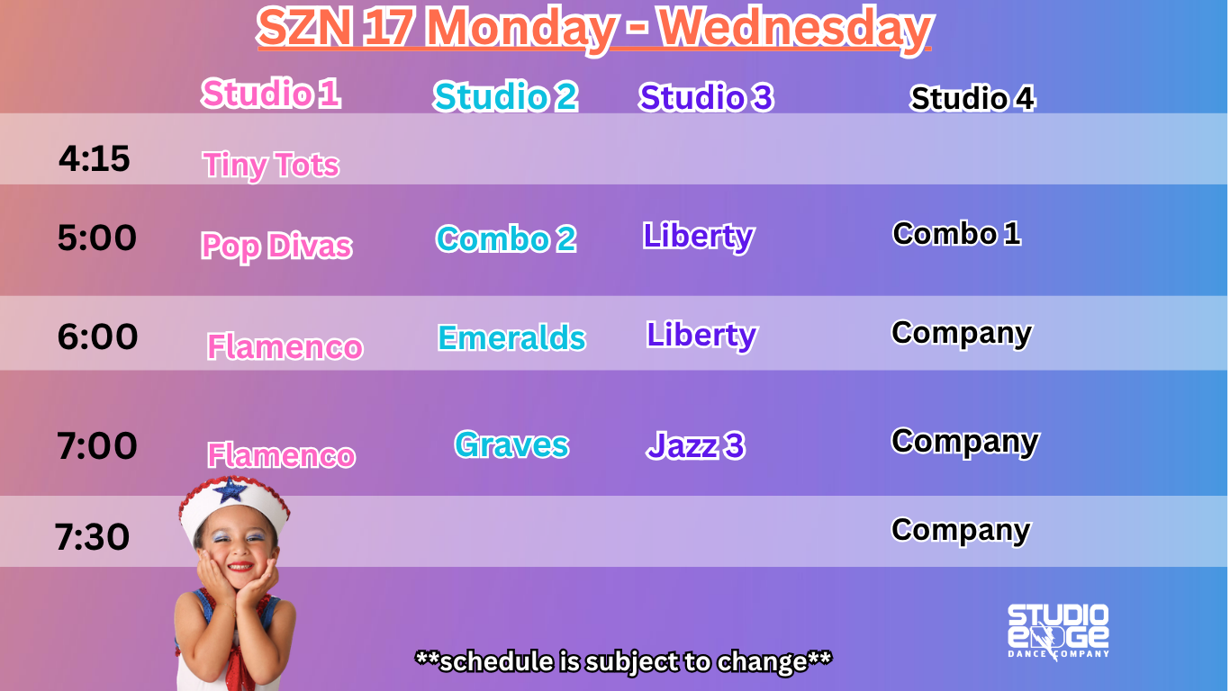 Weekly dance studio schedule for ZSN 17 from Monday to Wednesday with class times and ages, featuring studio locations numbered 1 to 4, with a young girl in a patriotic outfit smiling at the bottom left.