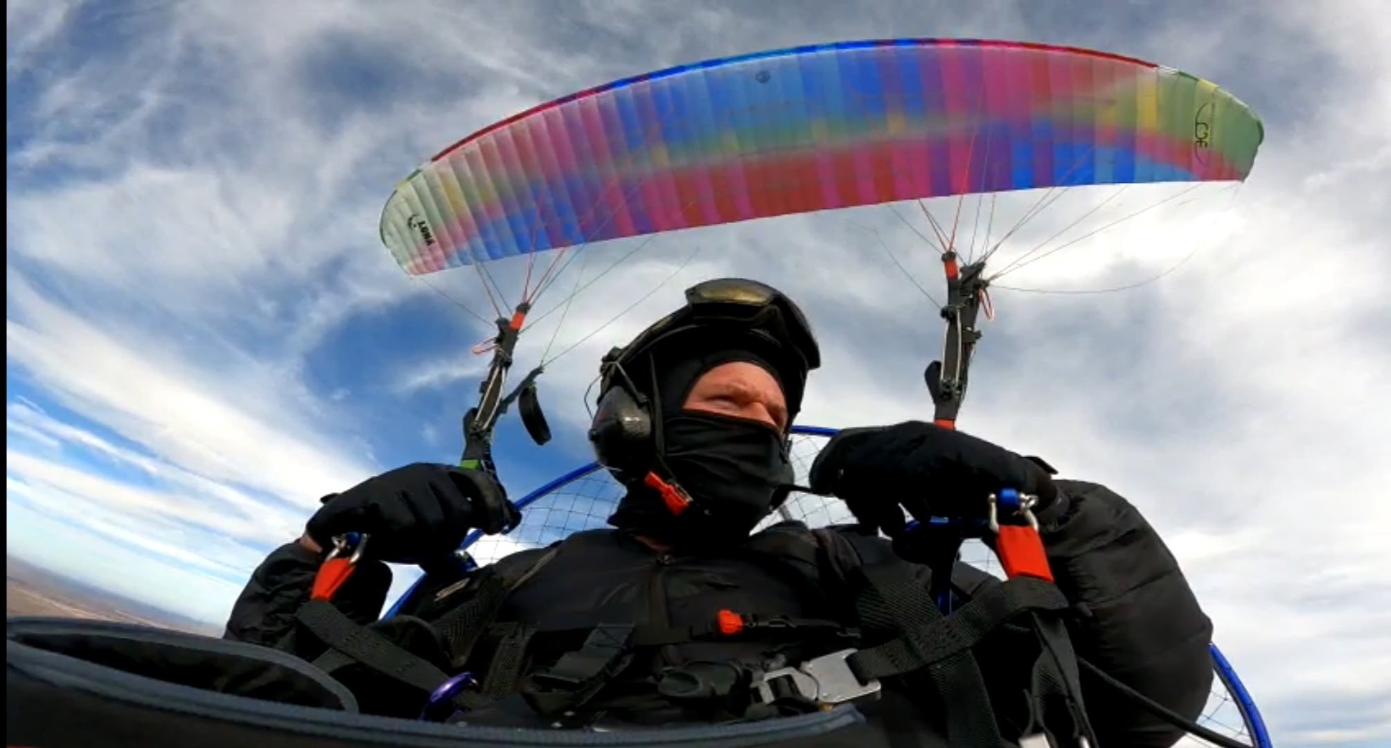 Person wearing a helmet and jacket paragliding in a clear sky with clouds, holding onto the harness and canopy.