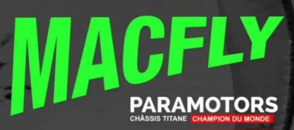 Macfly Paramotors racing team logo in green, white, and red text on a black background.