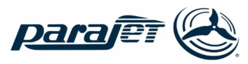 Parajet logo with stylized text and circular emblem featuring a person in a paramotor wing suit