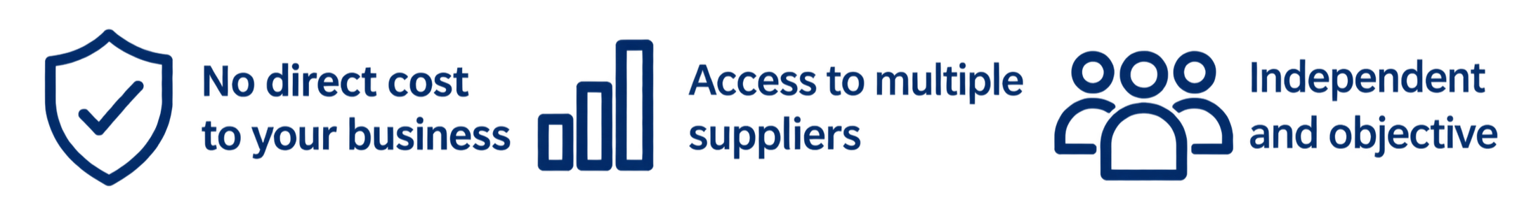 Graphic with shield icon, bar chart icon, and group of people icon, with text emphasizing benefits of a service: no direct cost, access to multiple suppliers, independent and objective.