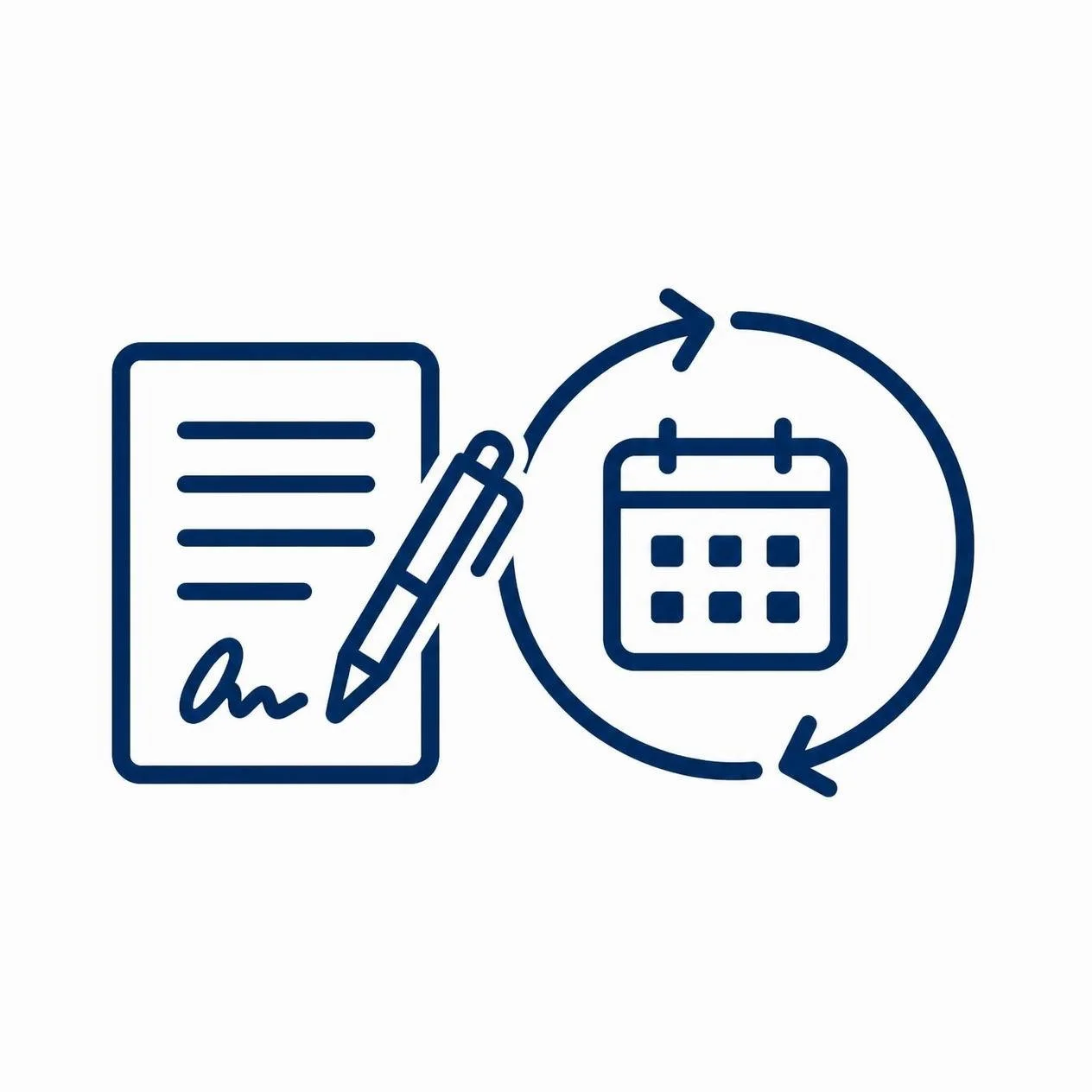 Outline of a document being signed with a pen, connected to a calendar and clock icon representing scheduling or deadlines.