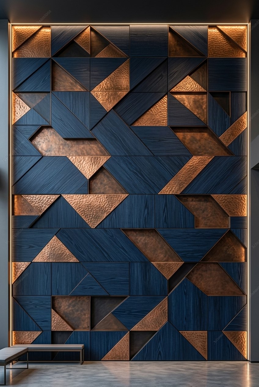 Large geometric wall art with blue and copper tones, featuring various shapes and textures, illuminated with backlighting. Bench at the bottom left corner of the room.