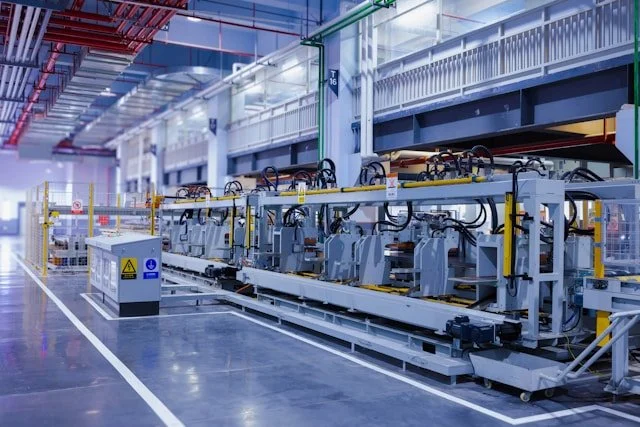 View of industrial machinery in a factory setting, with metal components and electronic controls.
