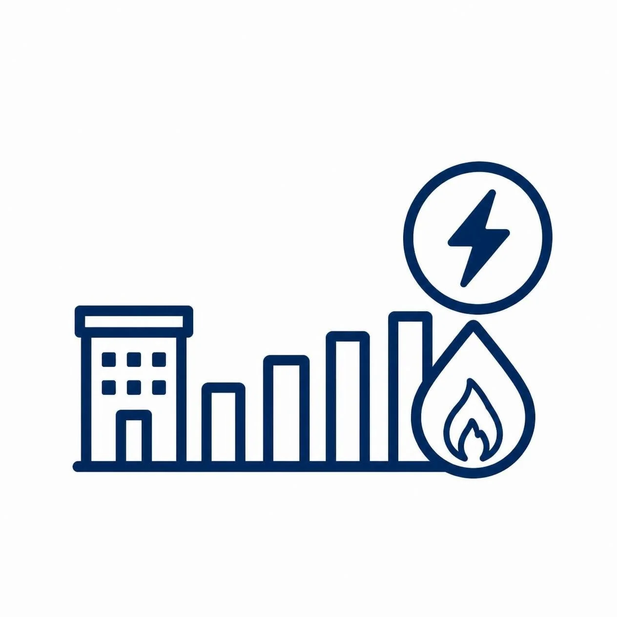 Line drawing of a cityscape with a building, a bar chart, and symbols for electricity and fire, indicating energy or power issues.