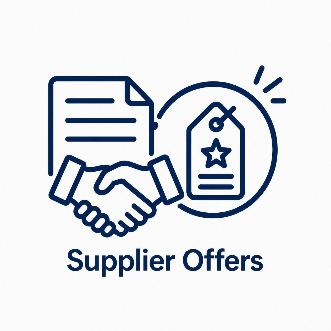 Line drawing of a handshake, document, and a price tag with a star, with the caption 'Supplier Offers'