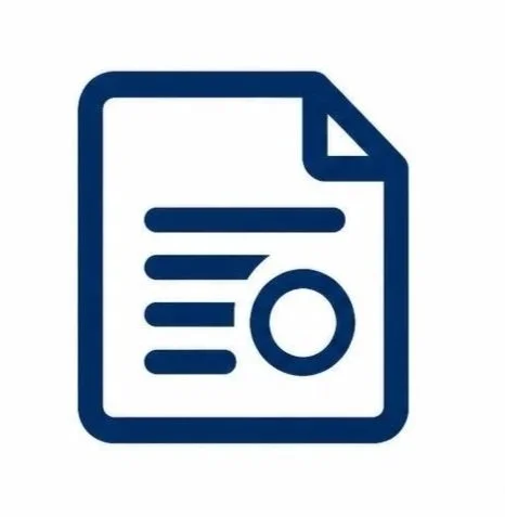 Icon of a document with lines and a circular seal or stamp, representing a report or official document.