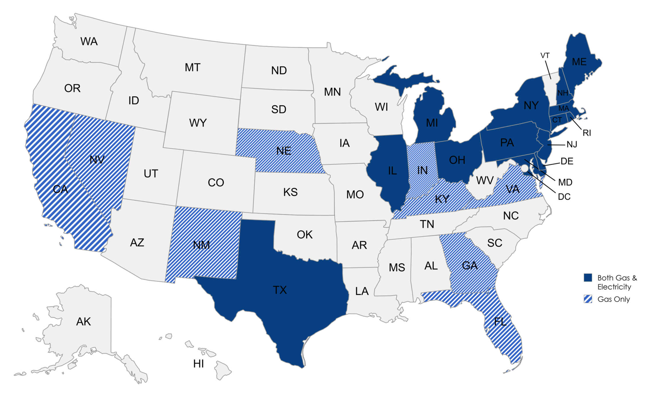 Map of the United States with some states in blue and some in striped blue and white, indicating different categories.