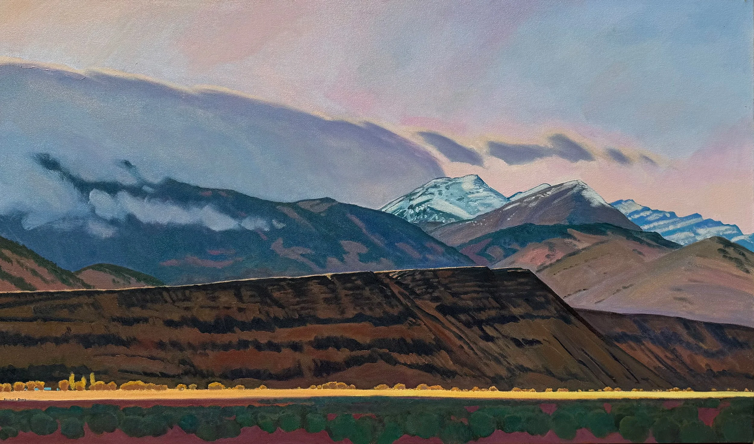 Clearing Cold Front Above Bare Creek, A landscape paintingby Michael Drury of mountains with snow-capped peaks, rolling hills, and a sky with pink and blue hues.
