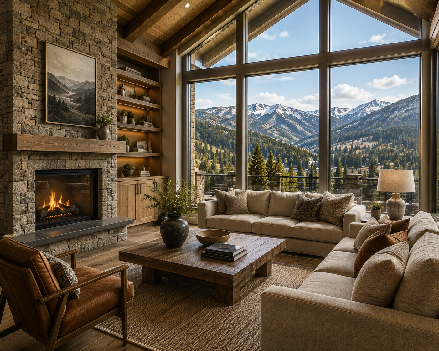 Mountain home living room with large windows overlooking snow-covered mountains.