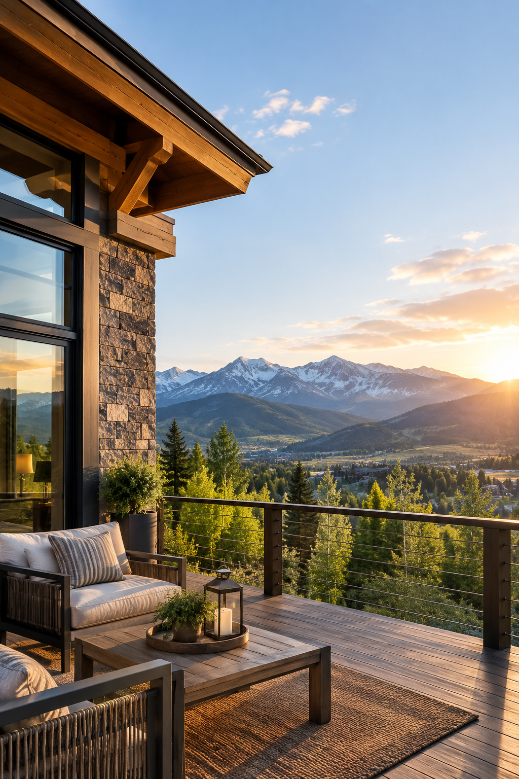 Mountain home balcony overlooking a wooded valley and snow-covered mountains.