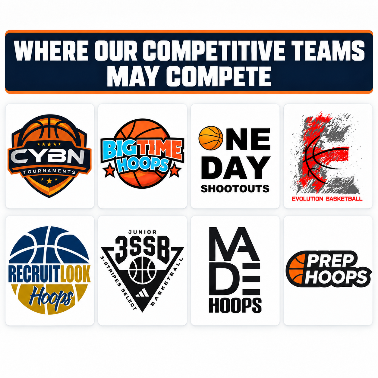 Collection of eight basketball tournament logos with the caption "Where Our Competitive Teams May Compete".