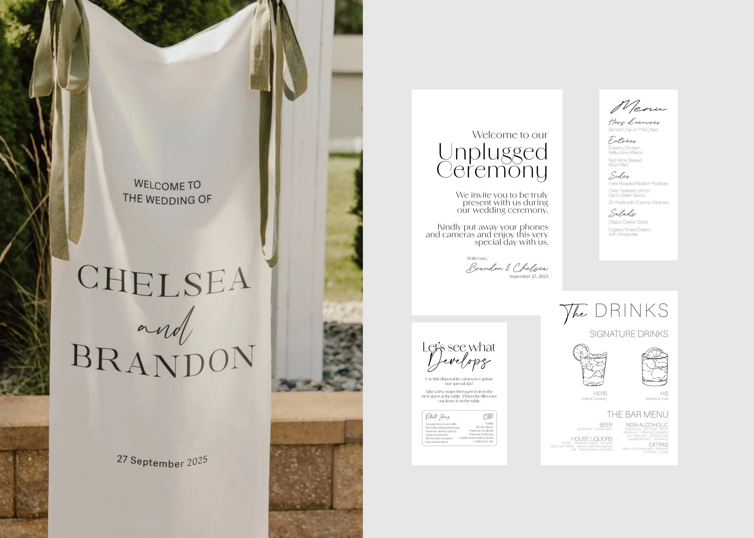 A wedding welcome sign with elegant black text on a white background, inviting guests to a wedding ceremony and providing details about the event, dated September 27, 2025.
